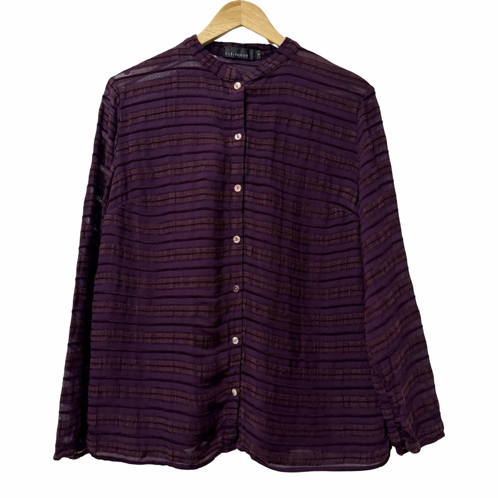 Cut Loose Velvet Burnout Sheer Button Up Shirt Size S Purple Mandarin Collar
